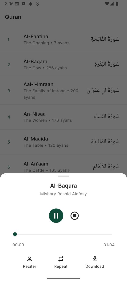 Iqra Quran audio player with reciter, repeat and download controls