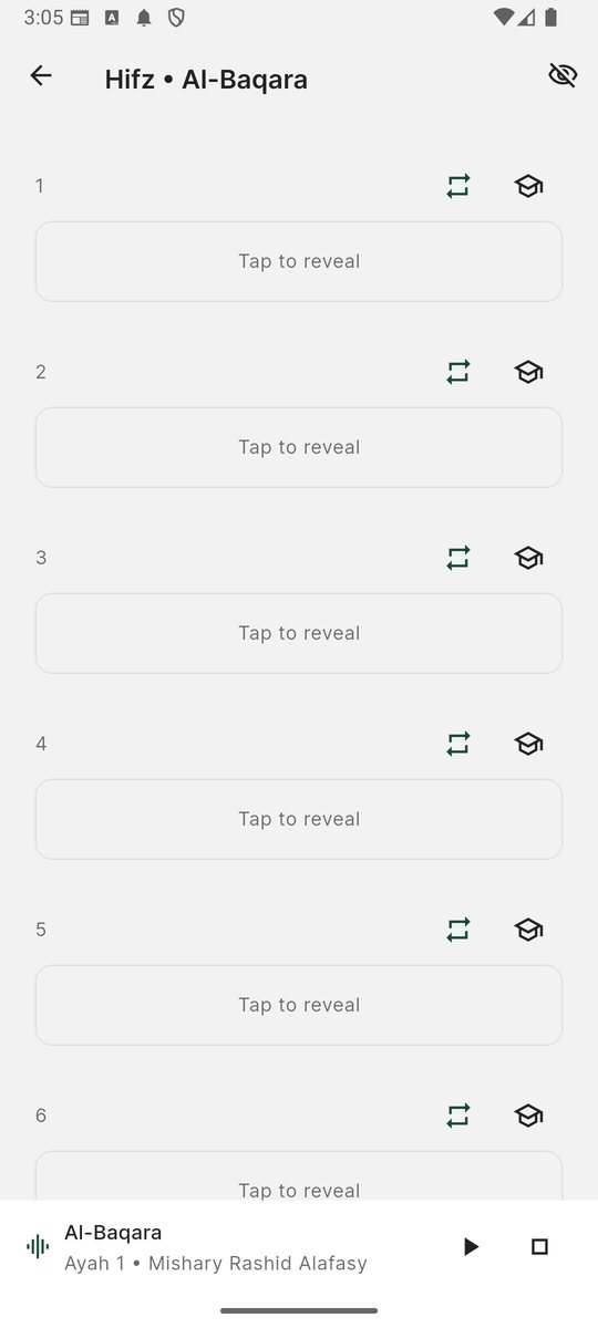 Hifz memorization mode with hidden verses and tap to reveal