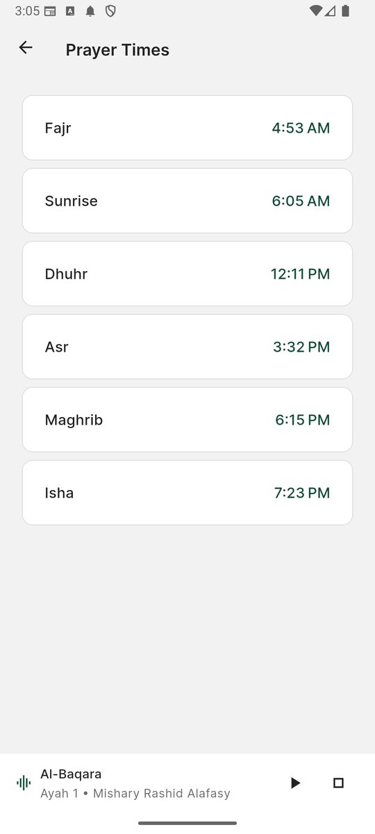 Daily prayer times for Fajr, Sunrise, Dhuhr, Asr, Maghrib and Isha