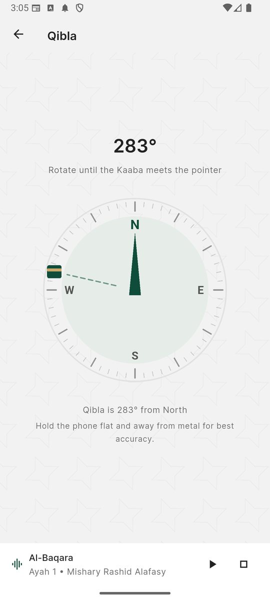 Qibla compass showing the direction of the Kaaba