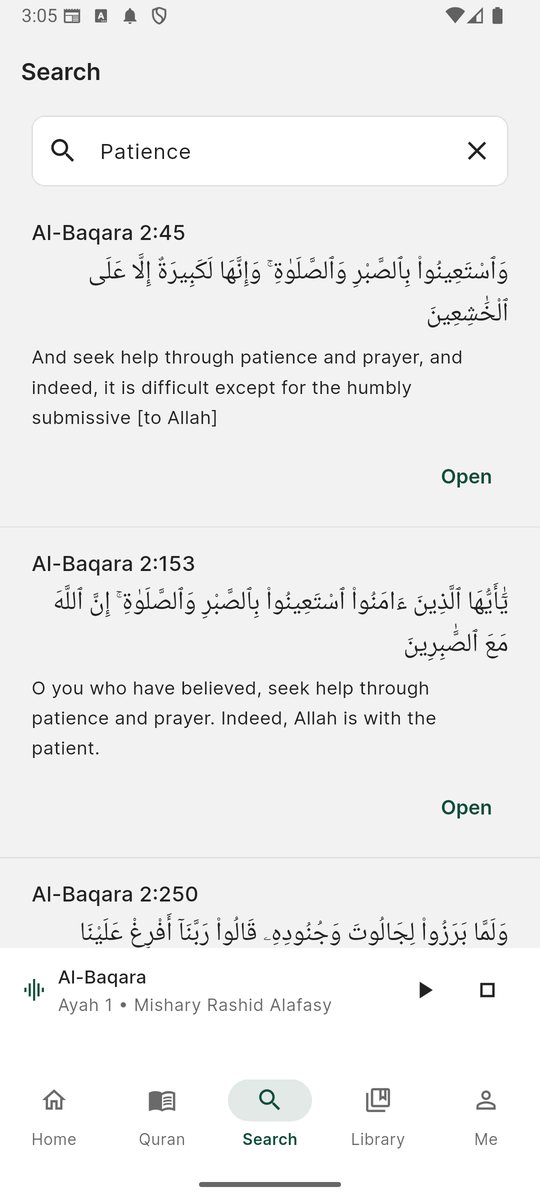 Searching the Quran for the word patience in Iqra Quran